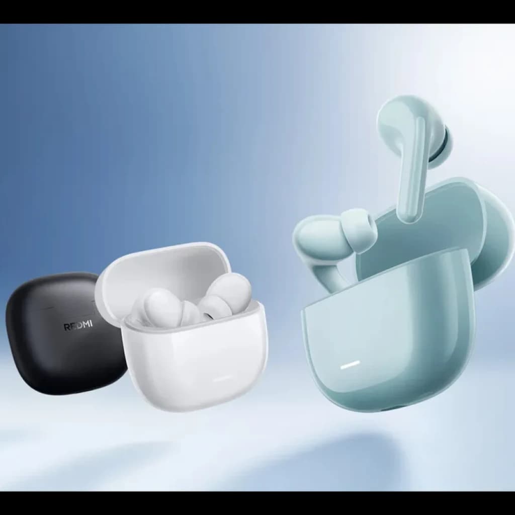 Xiaomi Redmi Buds 8 Pro ANC Azul con estuche compacto azul claro; auriculares intrauditivos con tallo corto y acabado brillante junto a versiones negro y blanco