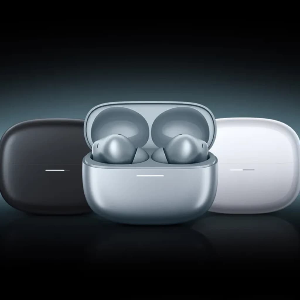 Xiaomi Redmi Buds 8 Pro ANC Azul: estuche compacto azul metalizado con tapa abatible y dos earbuds ergonómicos; fondo con variantes en negro y blanco