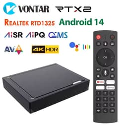 Vontar RT-X2 Android 14 com caixa preta compacta e controle remoto completo; 4K HDR, AV1, Wi‑Fi, Bluetooth e chipset Realtek RTD1325 visíveis no layout