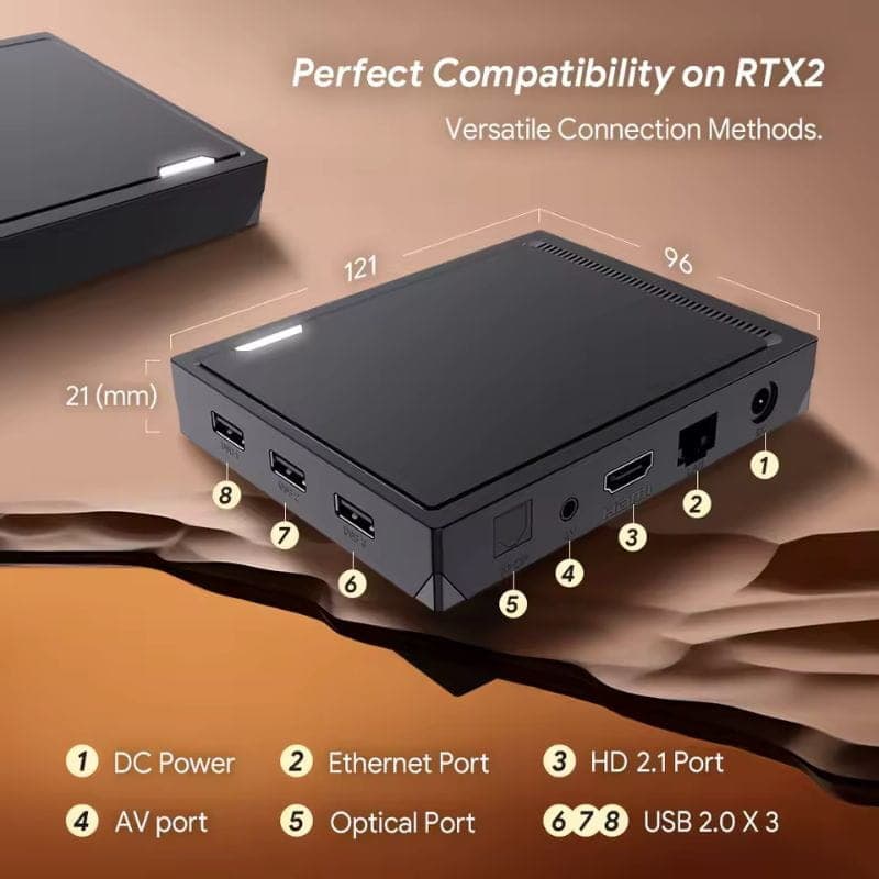 Vontar RT-X2 TV box compacto preto com portas DC, Ethernet, AV, óptica, HD 2.1, 2 USB 2.0 e SPDIF; design 121x96x21 mm, ventilação lateral