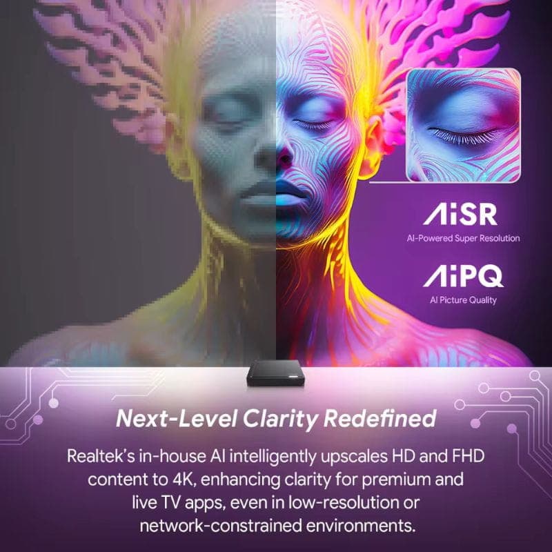 Vontar RT-X2 4GB/32GB 4K Android 14 Android TV com upscaling AI, AiSR e AiPQ; metade da imagem mostra antes/depois destacando nitidez aprimorada