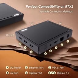 Vontar RT-X2 Android TV 4GB/64GB 4K com portas USB, HDMI 2.1, AV, óptica, Ethernet e DC; design compacto preto com grelhas de ventilação