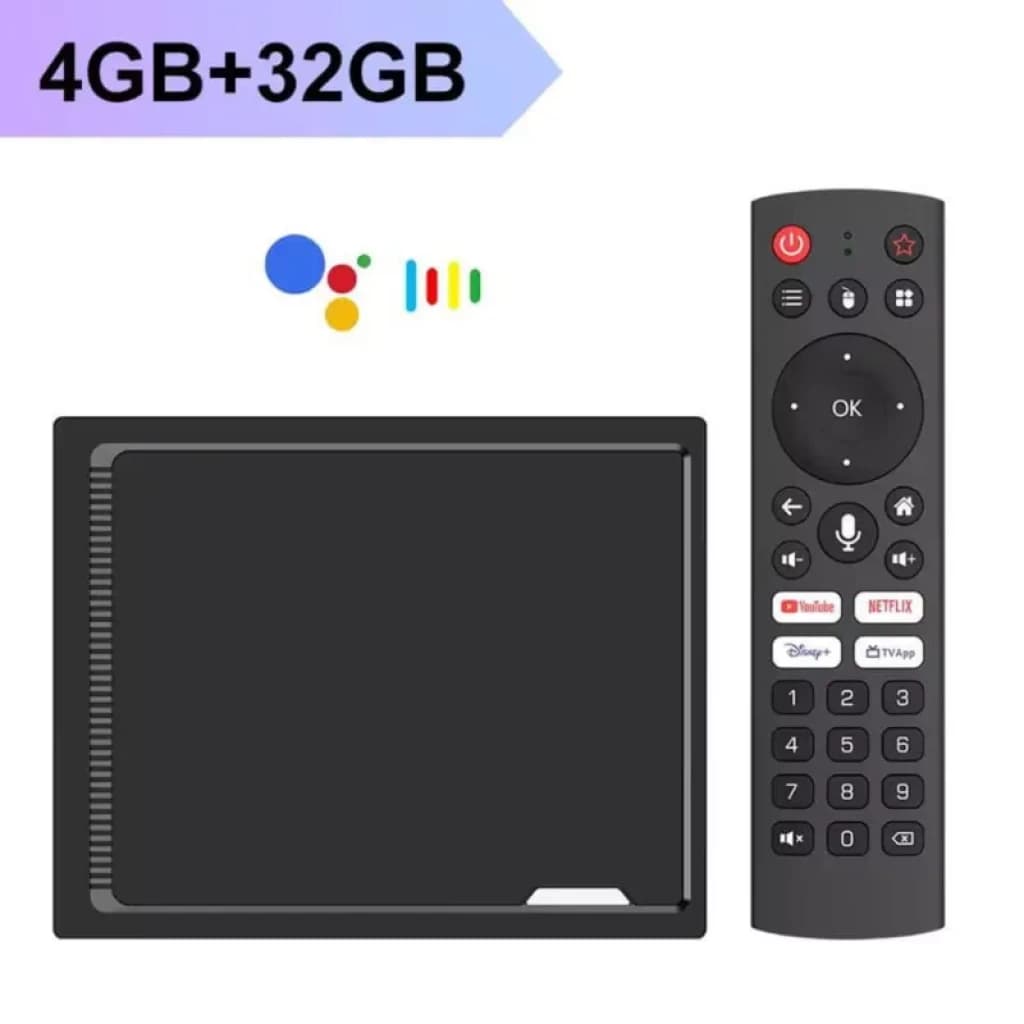 Vontar RT-X2 com caixa preta compacta e controle remoto com botões de atalhos Netflix, YouTube e Disney, indicação 4GB+32GB e ícones do Google Assistant