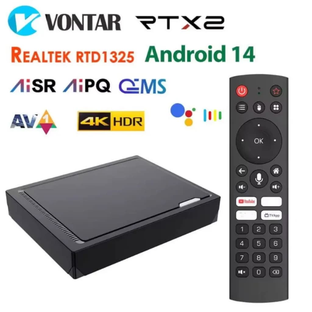 Vontar RT-X2 Android TV box preto com controle remoto, 4GB/64GB, suporte 4K HDR, AV1 e Android 14; design compacto e conexões laterais.