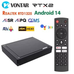 Vontar RT-X2 Android TV box preto com controle remoto, 4GB/64GB, suporte 4K HDR, AV1 e Android 14; design compacto e conexões laterais.