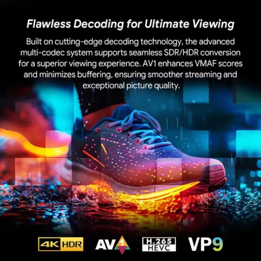 Vontar RT-X2 4GB/64GB 4K Android 14 com decodificação avançada, SDR/HDR, AV1, H.265 e VP9; streaming fluido, cores vibrantes e alta nitidez