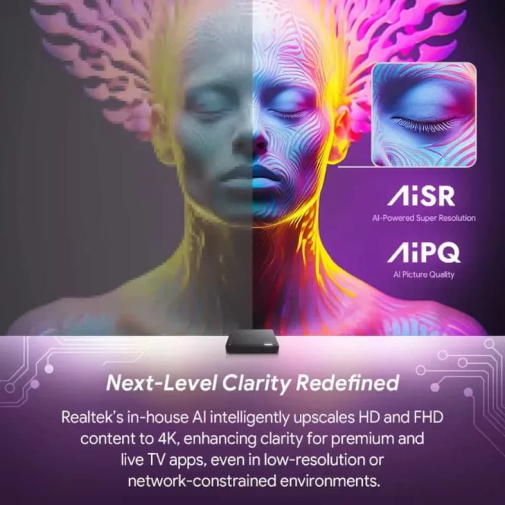 Vontar RT-X2 4GB/64GB 4K Android 14 Android TV com upscaling AI, AiSR e AiPQ; destaca nitidez, cores vibrantes e qualidade de imagem avançada