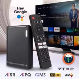 Vontar RT-X2 4GB/64GB 4K Android 14 Android TV com box compacta preta, controle remoto com botões de voz, suporte 4K HDR e logotipo Android circular