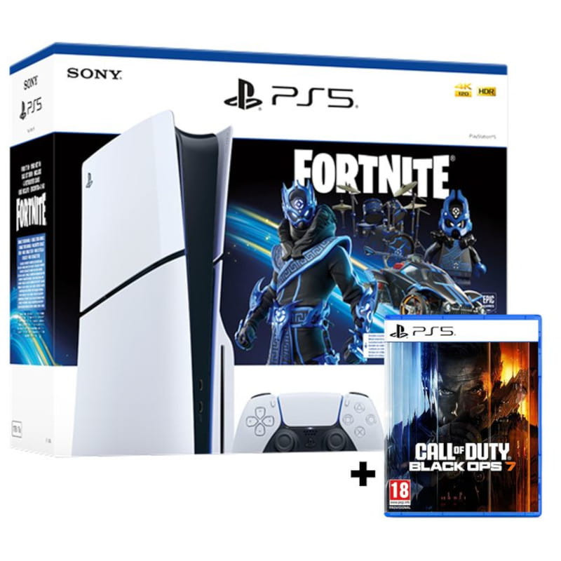 PS5 Slim con lector y 1 TB, consola blanca con DualSense. Incluye caja temática Fortnite Cobalt Star y juego físico Call of Duty Black Ops 7. - Ítem