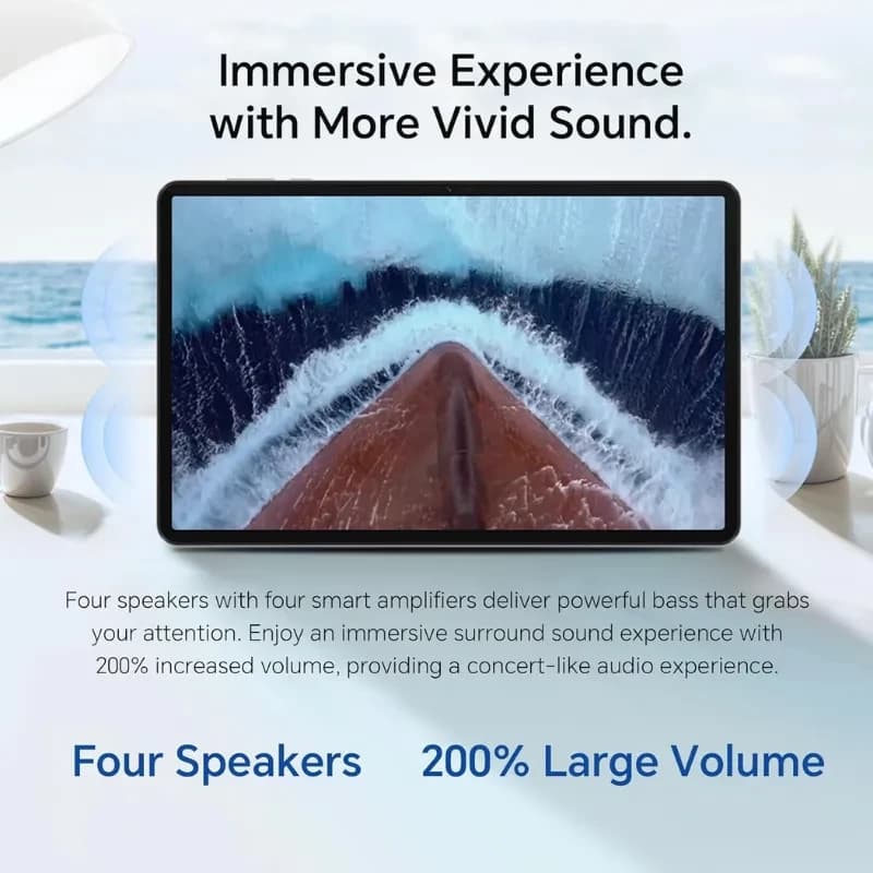 Tableta Honor Pad X9a con pantalla de 11 pulgadas, biseles delgados y cuatro altavoces; muestra imagen de mar desde proa, enfocada en sonido envolvente