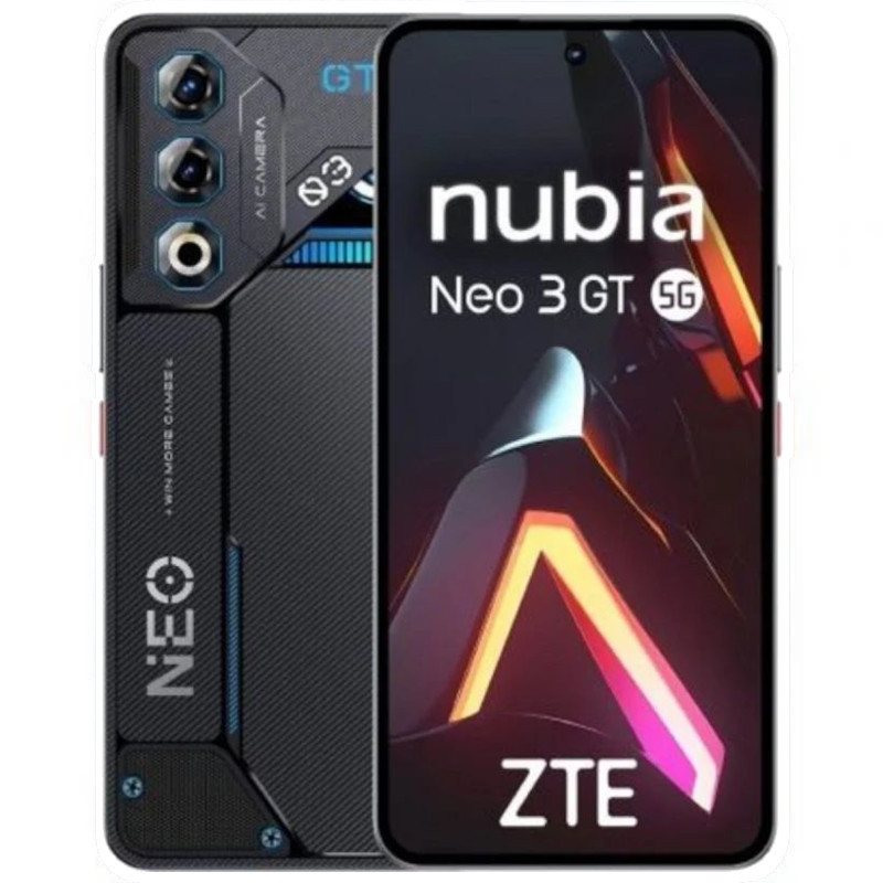 Nubia Neo 3 GT 5G Interstellar Gray, dos texturé noir, triple caméra angulaire, accents bleus, écran plein bord avec poinçon central et graphismes gaming - Ítem