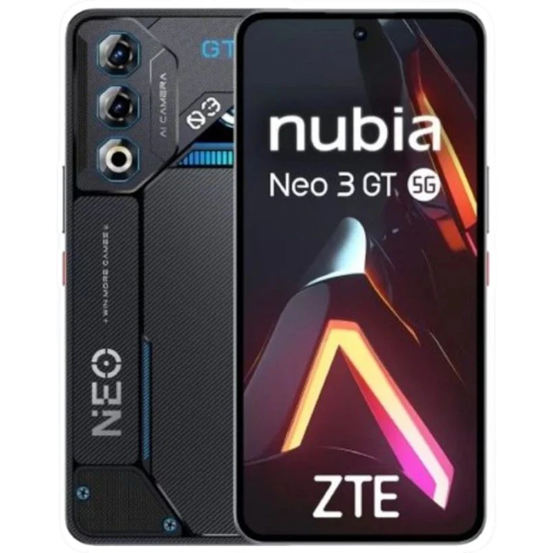 Nubia Neo 3 GT 5G em cinza Interstellar, traseira gamer com LEDs, módulo triplo de câmera, textura industrial; frente com tela cheia e furo central - Item
