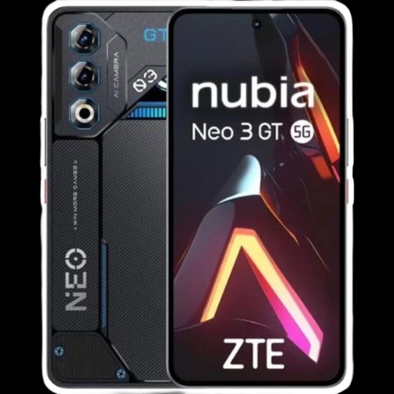 Nubia Neo 3 GT 5G em cinza Interstellar, traseira gamer com LEDs, módulo triplo de câmera, textura industrial; frente com tela cheia e furo central