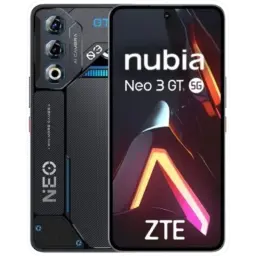 Nubia Neo 3 GT 5G em cinza Interstellar, traseira gamer com LEDs, módulo triplo de câmera, textura industrial; frente com tela cheia e furo central