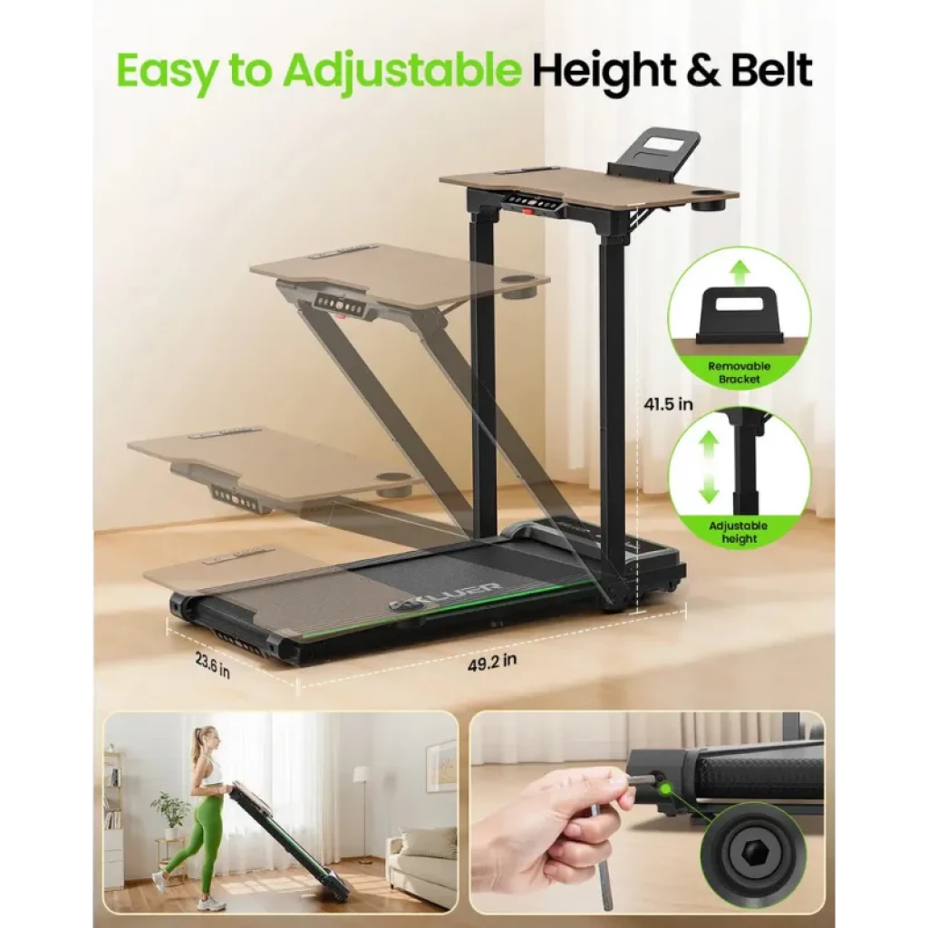 Akluer P3-D Bureau à hauteur réglable et tapis roulant compact ; plateau en bois avec support pour tablette et boisson - Ítem1