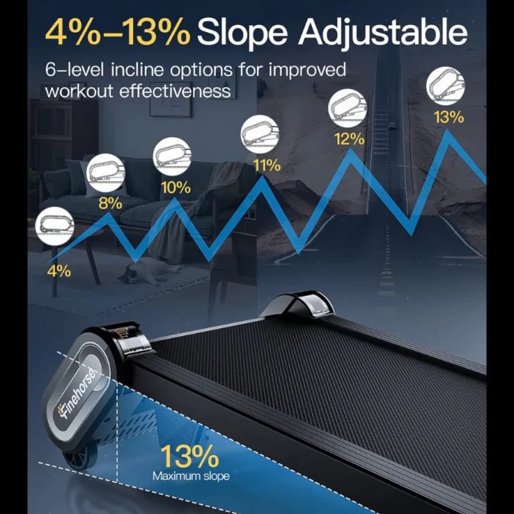 Akluer Finehorse H1 - Tapis de course avec inclinaison réglable de 4 % à 13 %, 6 niveaux, bande large texturée et châssis robuste avec roues avant