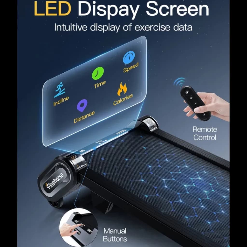Akluer Finehorse H1 - Tapis de course avec écran LED affichant l'inclinaison, le temps, la vitesse, la distance et les calories, télécommande et boutons manuels