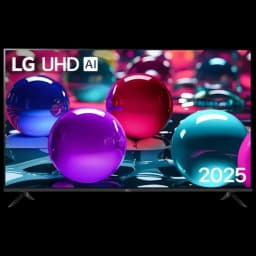 TV LG AI 50UA73006LA 50 polegadas 4K UHD LED preta com bordas finas, base dupla em V e tela brilhante com cores vibrantes e contraste nítido