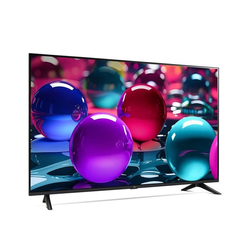 LG AI 50UA73006LA 50 polegadas 4K Ultra HD LED Smart TV preta com moldura fina, base dupla e tela ampla exibindo cores vibrantes e alto contraste