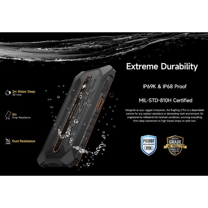 Smartphone resistente verde con carcasa robusta, bordes reforzados y tapas selladas. Certificación IP69K/IP68 y MIL-STD-810H; soporta agua y caídas.