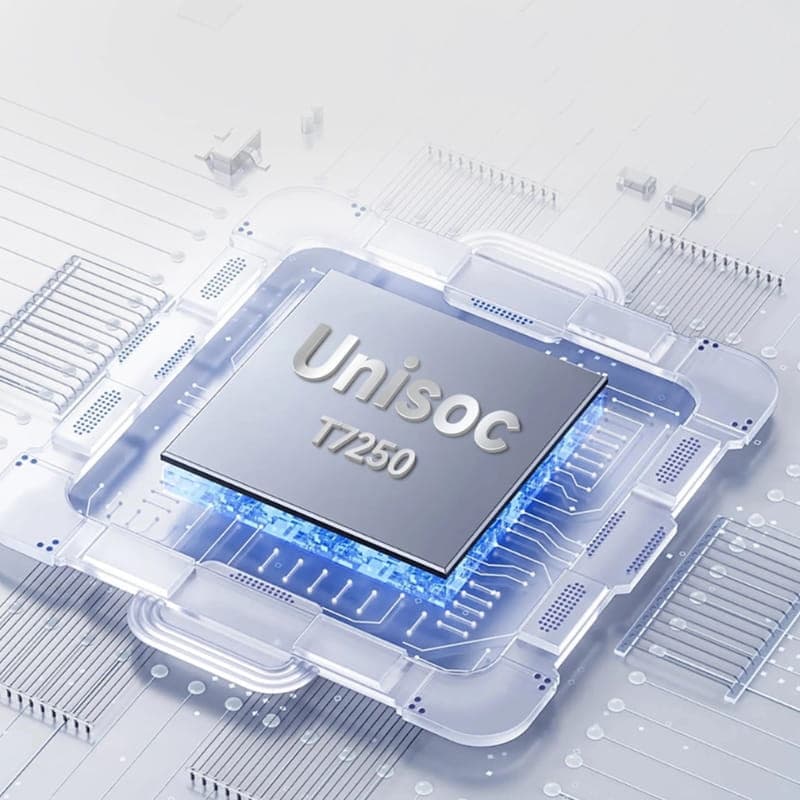 Chip Unisoc T7250 plateado sobre placa con circuitos, diseño translúcido y detalles azules, resaltando potencia y tecnología del Ulefone RugKing 2 Pro 128GB