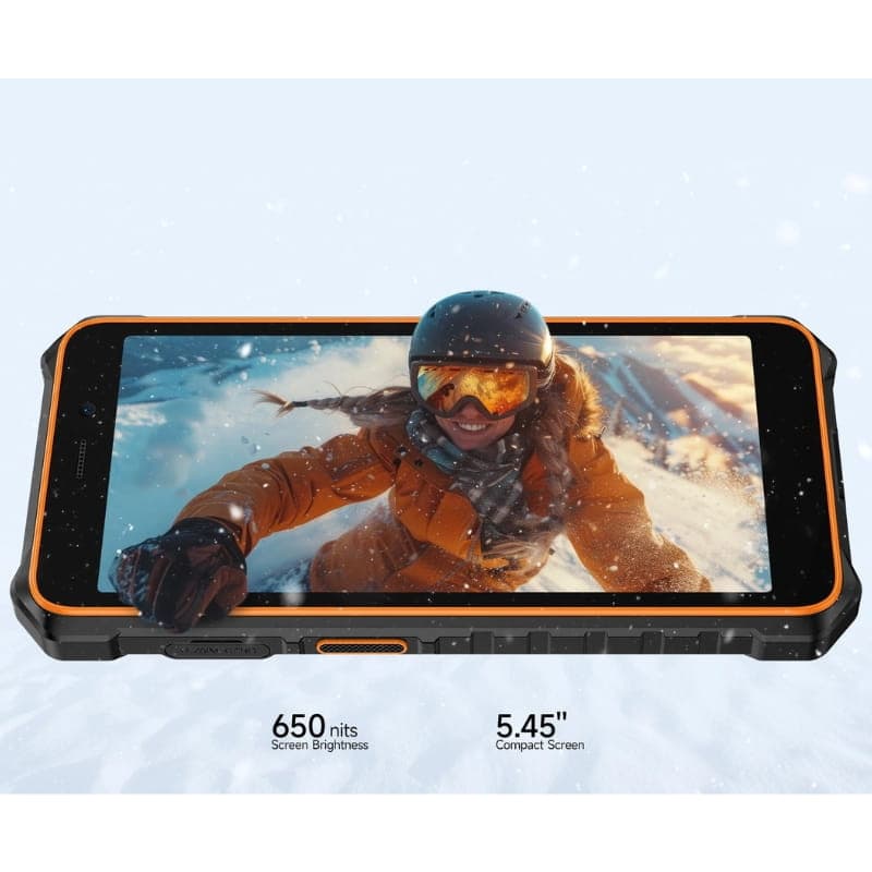 Ulefone RugKing 2 Pro verde rugerizado con borde naranja, pantalla compacta 5.45 pulgadas, brillo 650 nits, botones laterales texturizados y diseño robusto