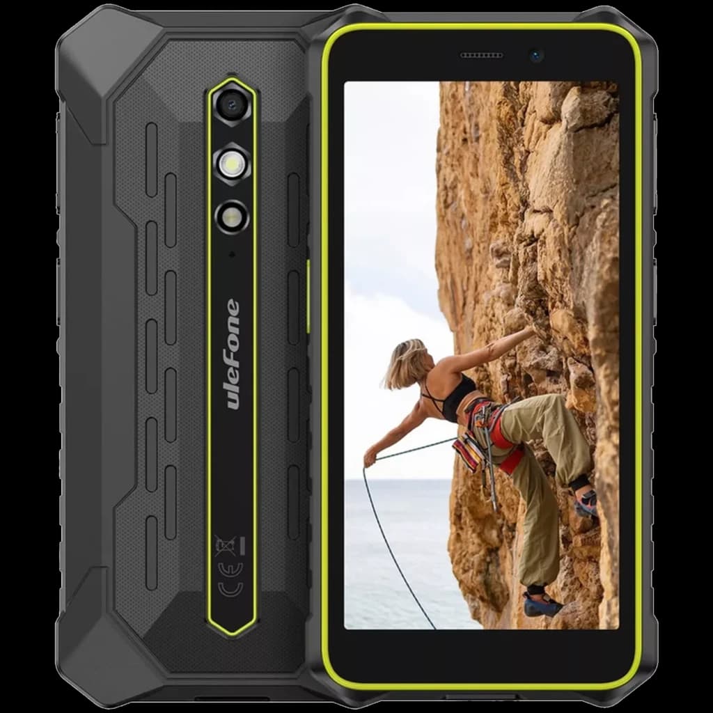 Smartphone resistente Ulefone RugKing 2 Pro verde y negro, bordes reforzados, doble cámara trasera vertical, pantalla con bisel amarillo y diseño robusto