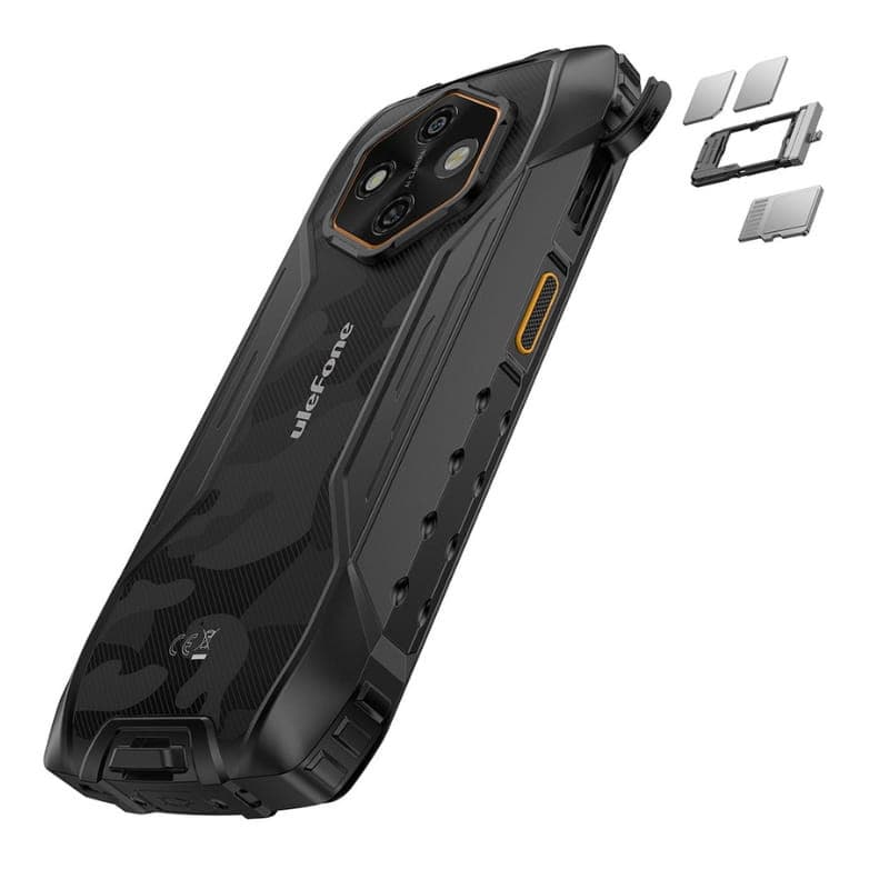 Ulefone RugKing 4 Pro negro, diseño rugerizado con carcasa texturizada, triple cámara trasera en módulo hexagonal, botón lateral naranja y bandeja dual