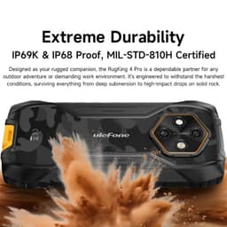 Ulefone RugKing 4 Pro 8GB/128GB Negro con carcasa robusta camuflada, triple cámara trasera hexagonal, tapas selladas y certificaciones IP69K/IP68 y