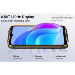 Ulefone RugKing 4 Pro 8GB/128GB Negro con pantalla 6.56 pulgadas, borde reforzado naranja y negro, 120Hz, brillo 500 nits, diseño robusto y resistente