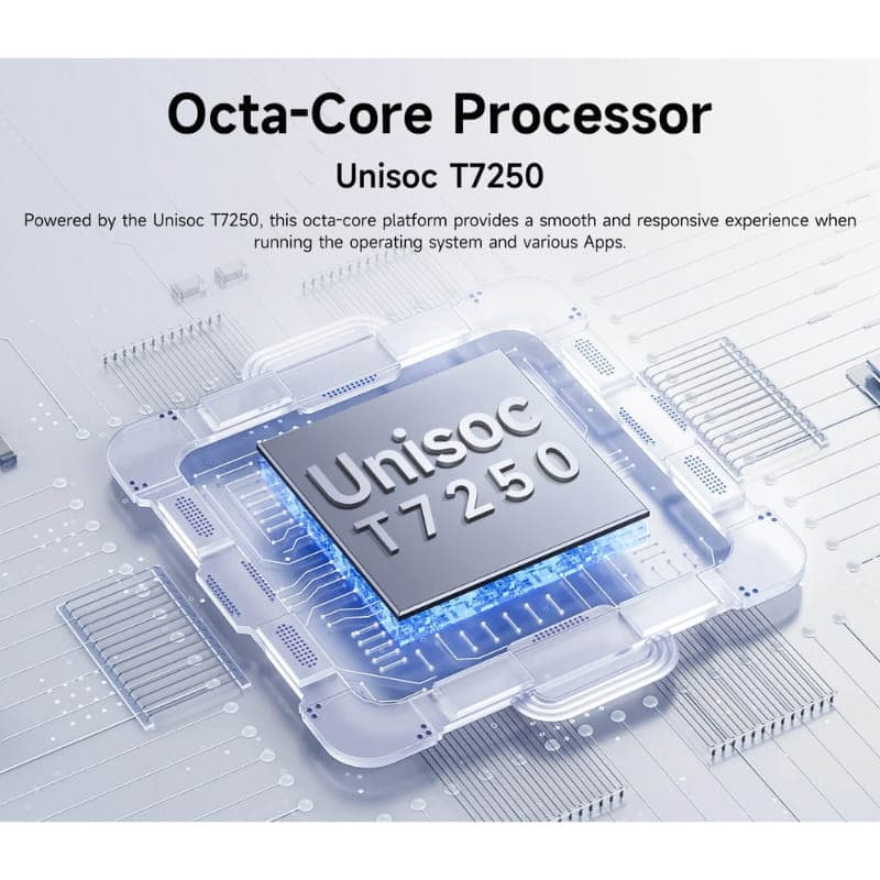 Chip Unisoc T7250 octa core destacado sobre placa electrónica, con diseño de circuito y pines visibles, resalta potencia y respuesta del Ulefone RugKing 4 Pro