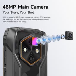 Ulefone RugKing 4 Pro 8GB/128GB Negro con diseño robusto, módulo de cámara trasera 48 MP con aro naranja, textura antideslizante y lentes mostrados en