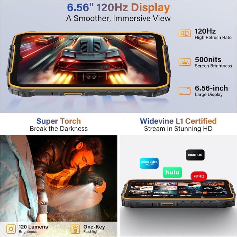 Ulefone RugKing 4 Pro 8GB/128GB Naranja con pantalla 6.56 pulgadas 120Hz, brillo 500 nits, bordes reforzados, linterna 120 lúmenes y streaming Widevine L1