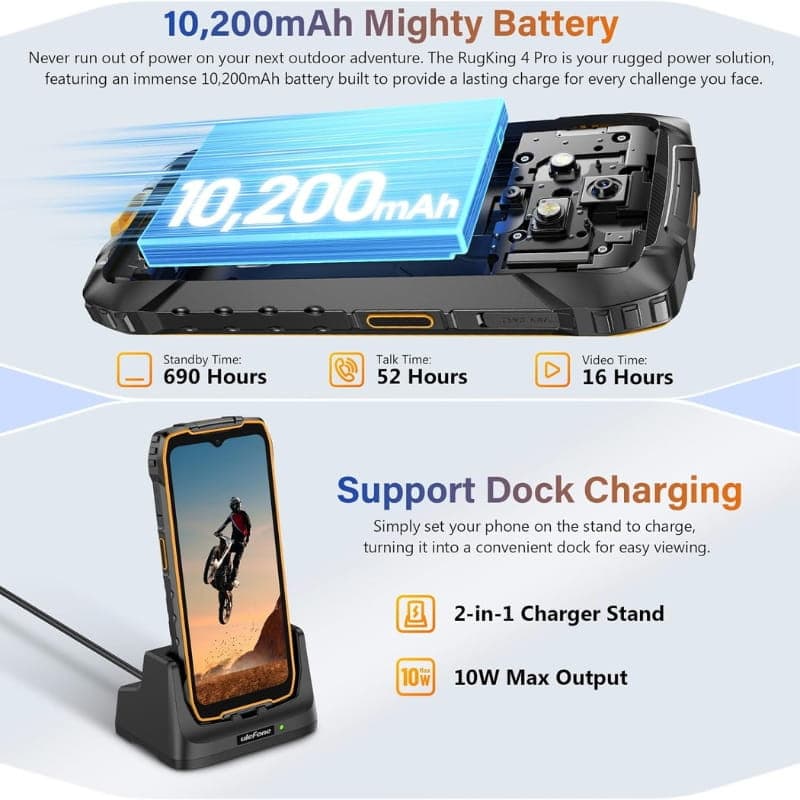Ulefone RugKing 4 Pro 8GB/128GB Naranja con cuerpo resistente, gran batería 10200 mAh, pantalla con notch y base de carga 2 en 1 con salida máxima de 10 W