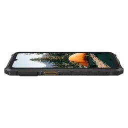 Ulefone RugKing 3 Pro 8GB/128GB Negro con diseño robusto, marco reforzado antigolpes, laterales texturizados, botón lateral naranja y pantalla mostrando