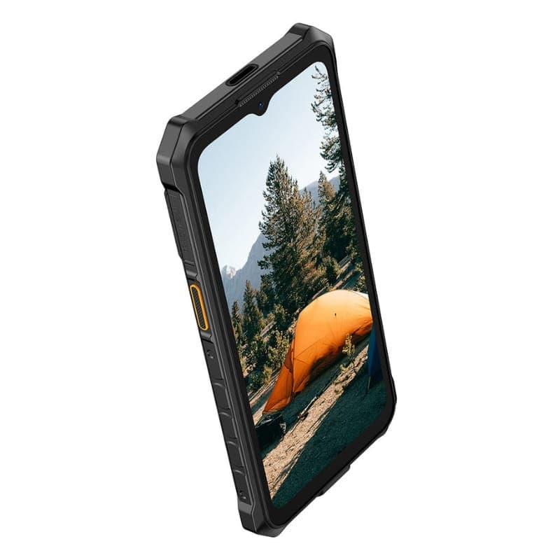 Ulefone RugKing 3 Pro 8GB/128GB Negro con pantalla grande, bordes reforzados, cuerpo robusto antideslizante y botón lateral amarillo; diseño todoterreno