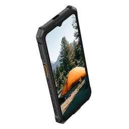 Ulefone RugKing 3 Pro 8GB/128GB Negro con pantalla grande, bordes reforzados, cuerpo robusto antideslizante y botón lateral amarillo; diseño todoterreno