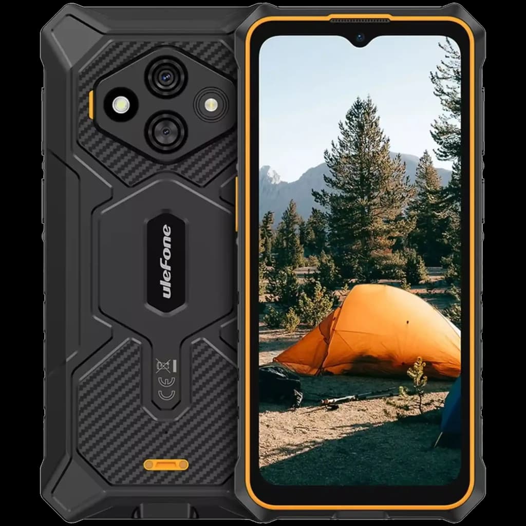 Ulefone RugKing 3 Pro naranja con carcasa robusta negra, bordes en naranja, pantalla 6.72 pulgadas y triple cámara trasera con sensor principal de 48 MP