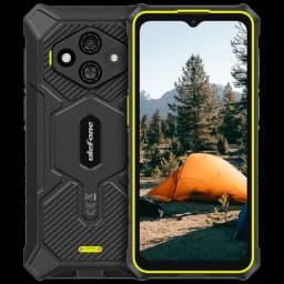 Ulefone RugKing 3 Pro verde robusto con marco amarillo, triple cámara trasera, linterna potente, pantalla con notch en V y diseño reforzado antigolpes