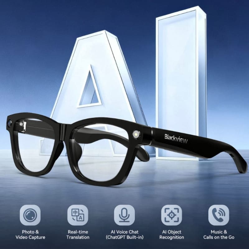 Blackview BV100 Noir Lunettes intelligentes au design rétro en acétate, caméra intégrée, micros discrets, charnières métalliques, branches noires logo