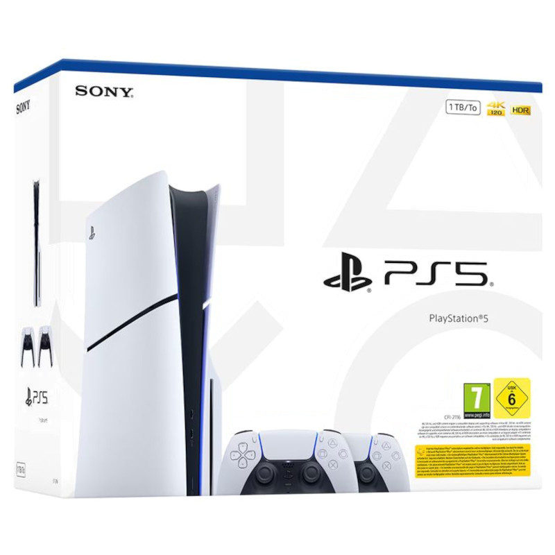 Console PS5 branco com leitor, SSD 1 TB, chassi E, caixa com destaque 4K HDR e dois controles DualSense cinza claro com detalhes azuis - Item