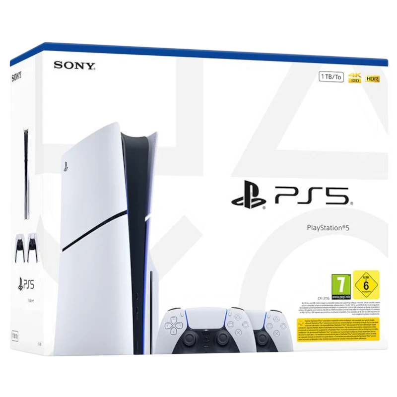 PlayStation 5 Lector 1TB Chasis E blanco con dos mandos DualSense; consola vertical blanca con detalles negros, logo PS5 y caja con sellos 4K HDR y 1TB - Ítem