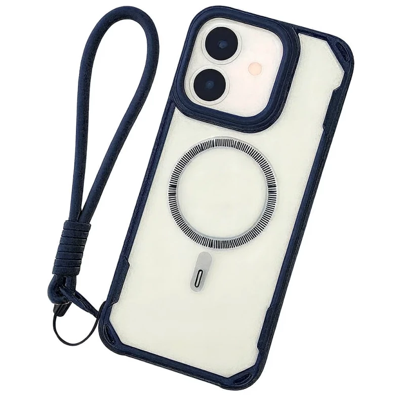 Capa azul oscuro para iPhone 16 com MagSafe, bordas reforçadas, proteção de lente elevada e alça de mão destacável, recortes precisos e acabamento fosco - Item