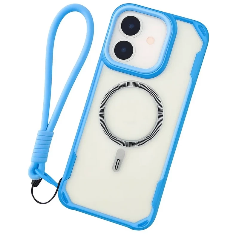Coque iPhone 16 bleu avec Magsafe, bordures renforcées, protection d’objectif intégrée et dragonne détachable, anneau magnétique centré visible - Ítem