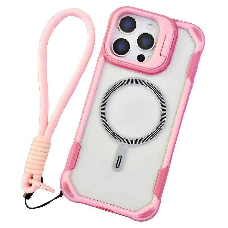 Coque rose pour iPhone 16 Pro avec Magsafe, bords renforcés, protection d’objectif intégrée, dos translucide et dragonne assortie amovible - Ítem