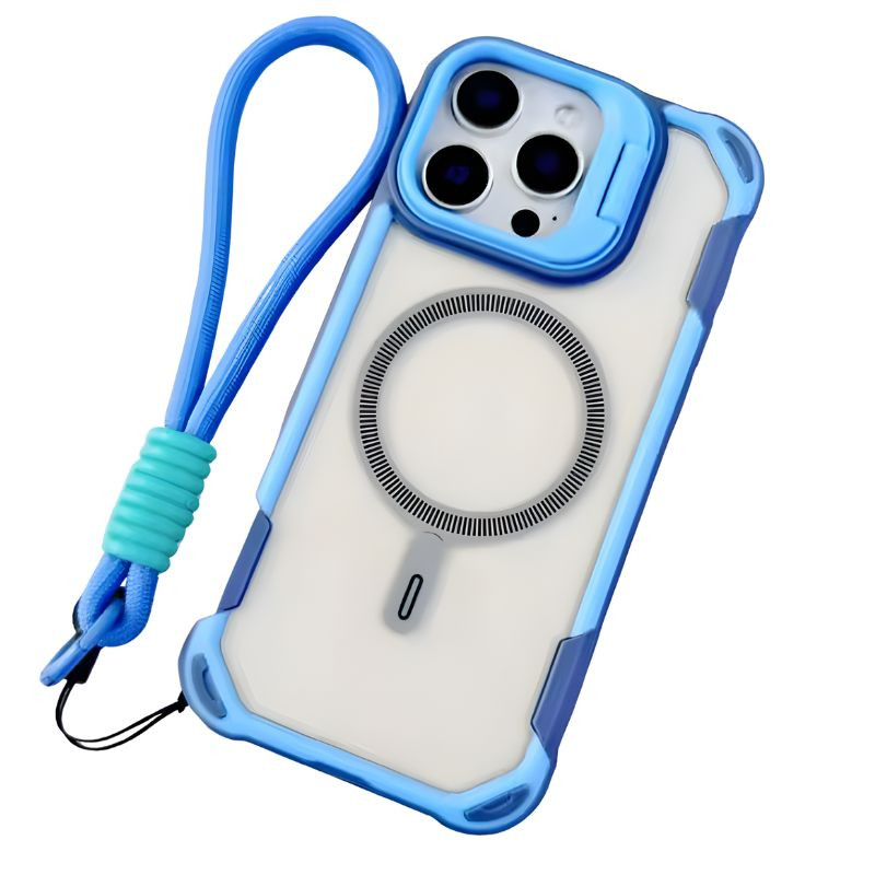 Coque avec Magsafe pour iPhone 16 Pro, bleu, bords renforcés bleus, module de protection d’objectif et dragonne assortie pour une prise sûre et stable - Ítem
