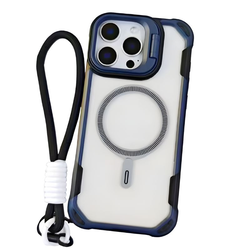Coque iPhone 16 Pro Max bleu foncé avec anneau MagSafe, coins renforcés, module protecteur d’objectif coulissant et dragonne noire detachable - Ítem