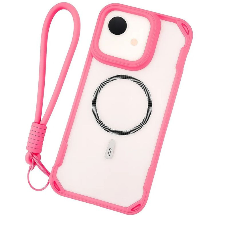 Coque rose pour iPhone 16e avec anneau MagSafe visible, cadre antichoc, protection d’objectif surélevée et dragonne assortie amovible - Ítem