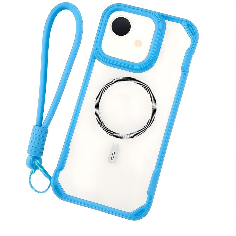 Coque bleu pour iPhone 16e avec Magsafe, bordures renforcées, support protecteur d objectif, dos transparent et dragonne assortie - Ítem
