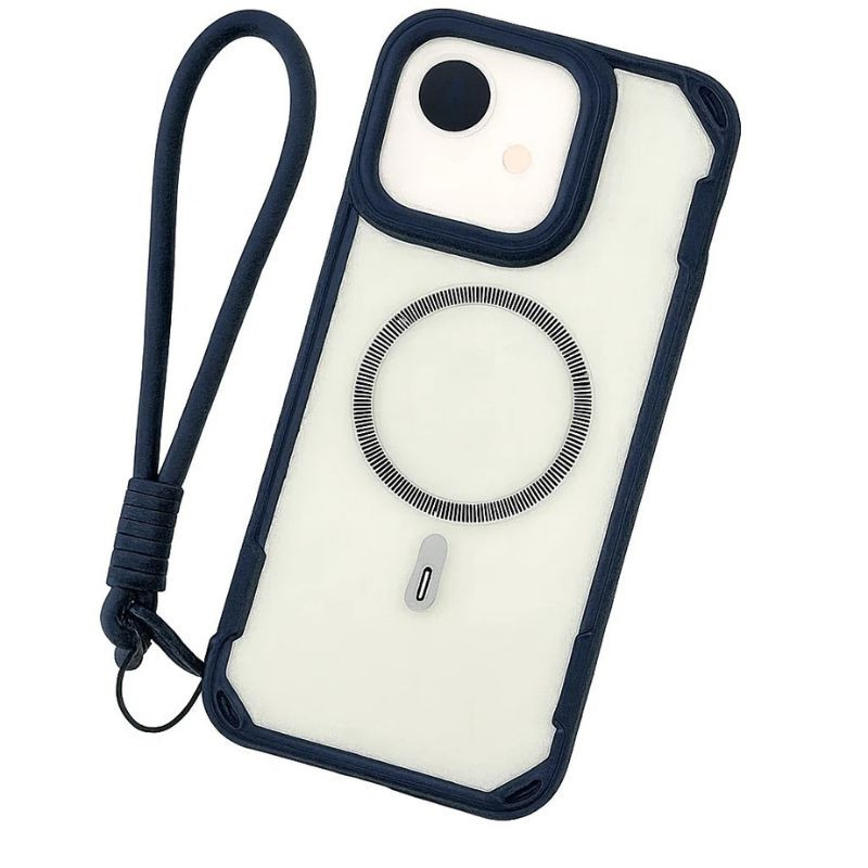 Coque iPhone 16e bleu foncé avec anneau MagSafe visible, bords renforcés bleu marine, protection d’objectif surélevée et dragonne assortie pour une prise sûre - Ítem